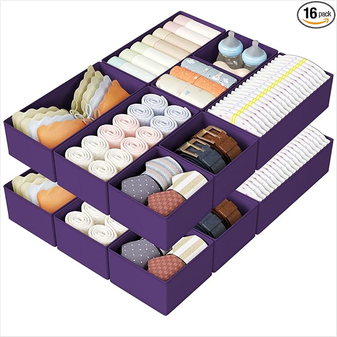 DIMJ Drawer Organizers Clothes, Set of 16 Dresser Organizer Bins, Fabric Closet Organizers and Storage, Shallow Drawer Dividers for Nursery, Clothing, Baby Clothes, Socks, Underwears, Tie (Purple)