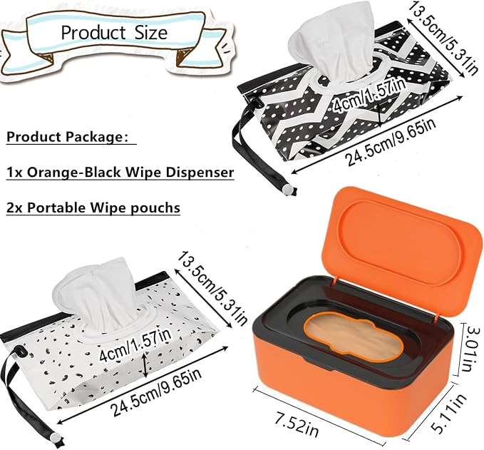 Wipes Dispenser Set,1 Wipe Box & 2 Portable Pouches,Orange-Black | Refillable Reusable Large Wet Wipe Holder, Flushable Wipes Case Bathroom Wipes Container for Pet Nursery Kitchen Office