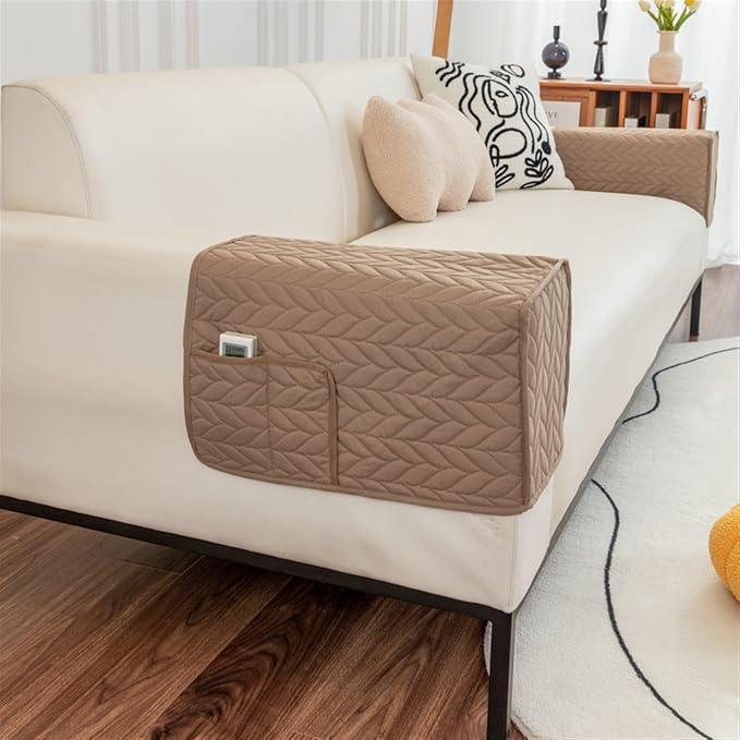 Modern Couch Arm Covers Universal Arm Rest Covers for Sofa Thickened Arm Chair Covers Set of 2 with Pockets Waterproof and Ant-Slip Armrest Organizer(Khaki A)