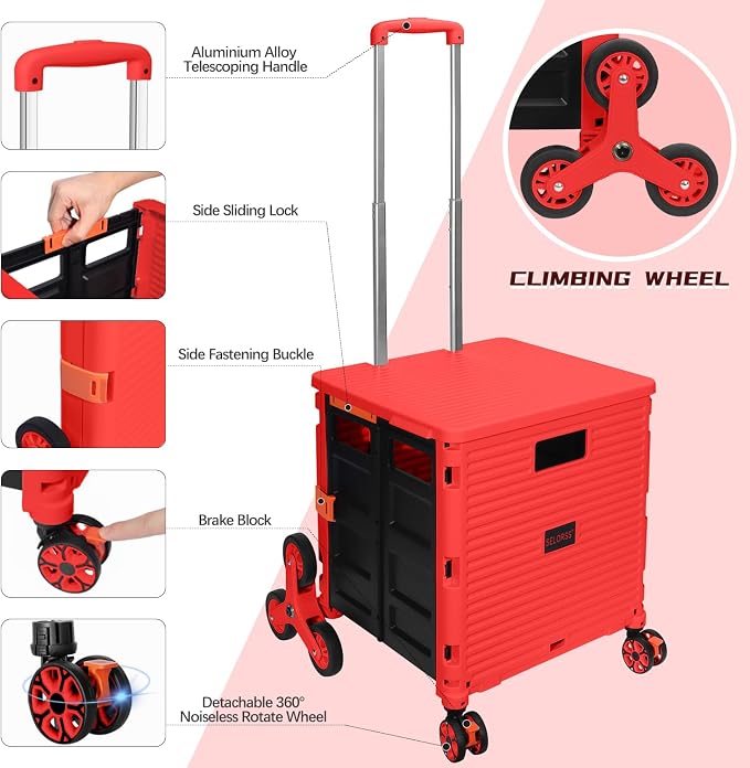 Foldable Utility Cart Collapsible Crate Rolling Carts with Stair Climbing Wheels Rolling Tote Basket Teacher Cart with Lid Wear-Resistant 360°Rotate Wheel Noiseless for Shopping Grocery Office