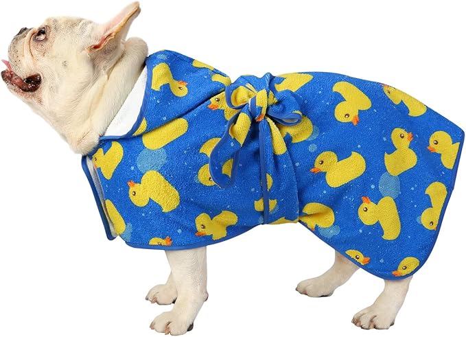 HDE Dog Bathrobe Super Absorbent Quick Drying Puppy Towel Wrap Coat Adjustable After Bath Robes with Hood for Dog Sizes S-XXL Blue Rubber Ducks M