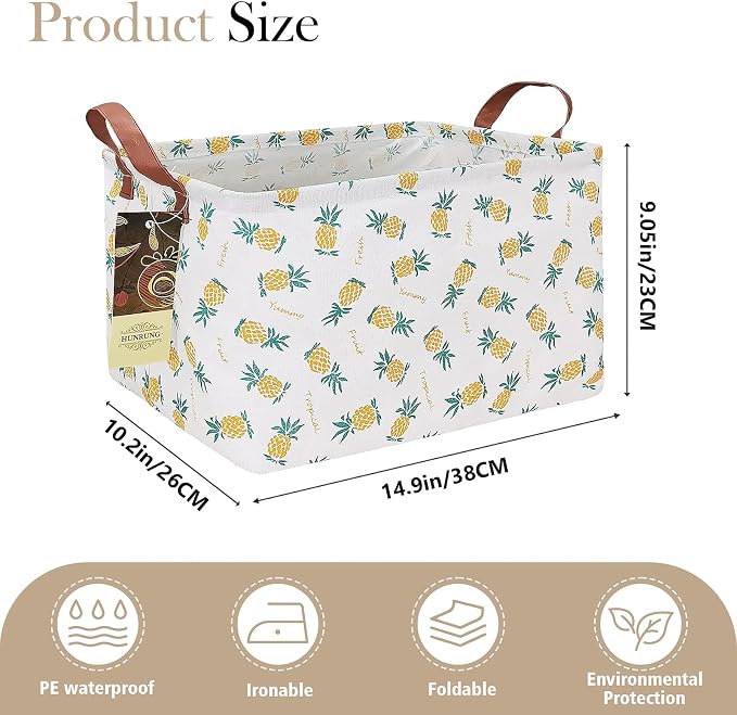 Rectangle Foldable Storage Basket Handles For Home, Pineapple | Waterproof canvas material, reinforced handles, perfect for shelf use, organizes clothes, daily items and pet supplies