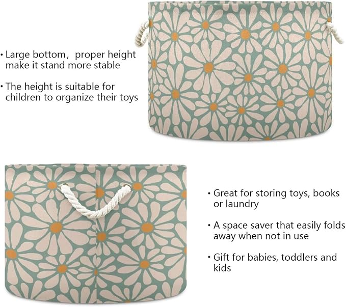 Green Daisy Flower Collapsible Round Storage Basket with Handles | Groovy Floral Large Laundry Baskets Hamper, Clothes Organizer Bin for Nursery Bedroom Living Room Decor, 20x 20x 14 Inches