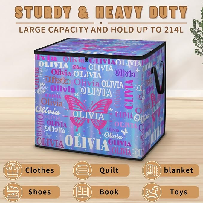 Custom Comforters Storage Basket with Lid, Personalized Name Butterflies Large Organizer Bin for Pet/Children Toys, Clothes, Perfect for Rooms/Playroom, Gradient Blue Stripes with Stars