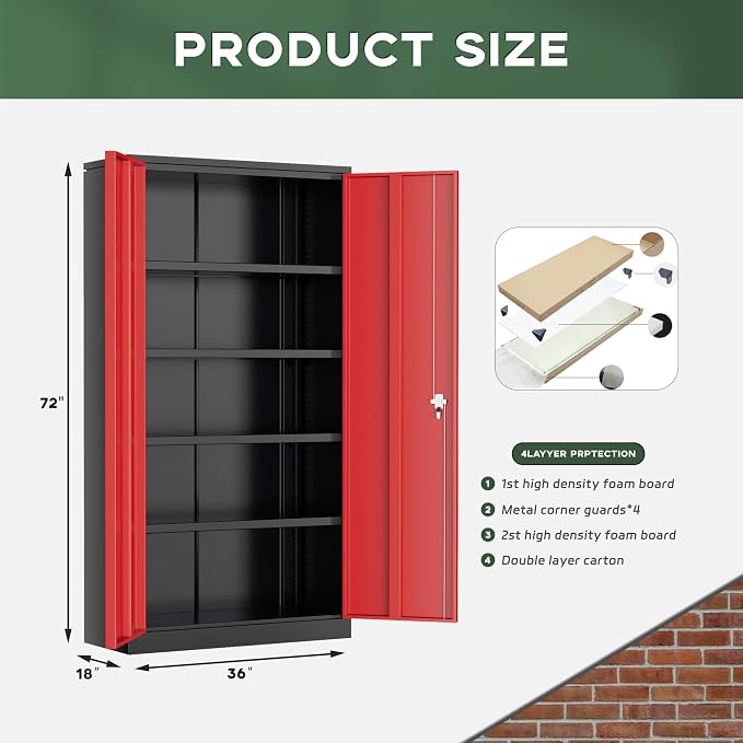 Greenvelly Metal Storage Cabinet, 72" Black Locking Metal Garage Storage Cabinet with Doors and 4 Adjustable Shelves, Lockable Steel Cabinet for Home Office, Garage, Shop, School (Red 36" W x 18" D)