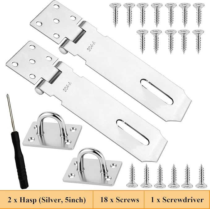 5 Inch Stainless Steel Padlock Hasp, 2 Pack Security Lock Latch, Heavy Duty Gate Staple for Cabinet, Pet Cage, Crate, External Doors, Shed Door, Fence, Window, Silver