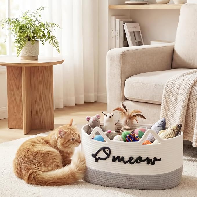 Cat Toy Basket with Cat Ear Handles, 19.5 x 11 x 9 in Woven Cats Toy Bin, Large Two-tone Cotton Rope Storage Box, Meow Words Organizer for Toys, Blankets, Home Decor (White, Gray)