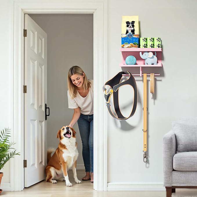 Dog Leash Holder for Wall, Leashes Hanger, Wall Mounted Dog Stuff Storage and Organizer, Metal Key Holder Pet Leash Hooks for Leashes, Training Treats, Chew Toys, Keys, Large (Rose Gold)