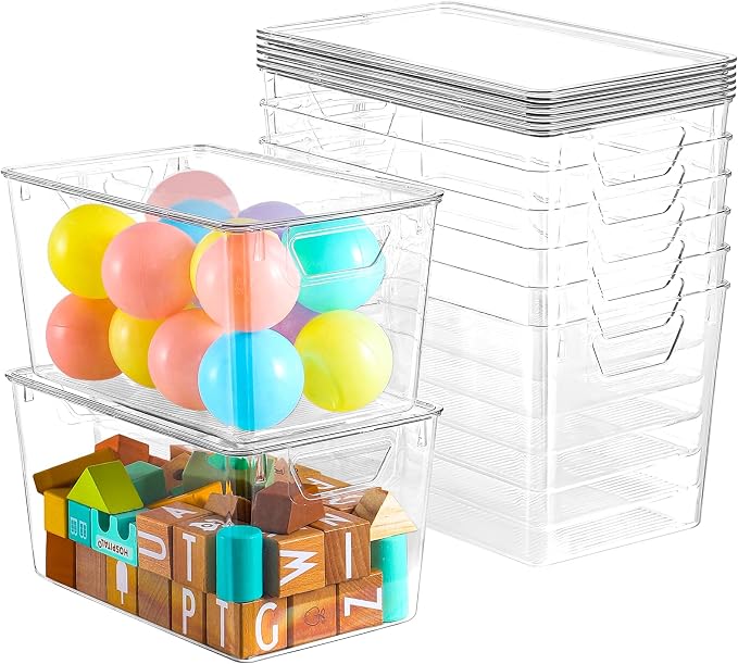 Freebat 6 Pack Clear Storage Bins with Lids, 7 Quart Pantry Organizer Bins | Large, Stackable Plastic Storage Containers, Pantry Organization for Office, Bedroom, Cabinet, Fridge,Kitchen Organization