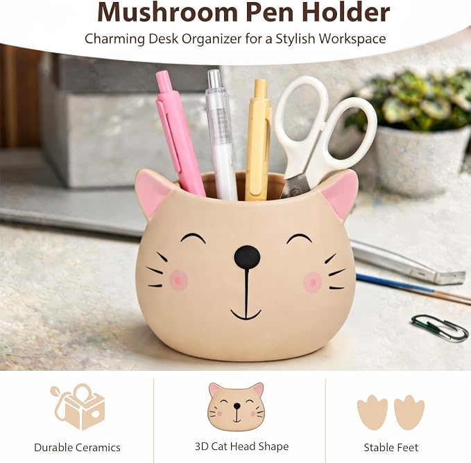 Ceramic Cat Shaped Pen Pencil Holder for Desk Decoration Accessories Cat Decor Makeup Brush Pen Cups Office School Ideal Gifts for Women, Mom or Birthdays