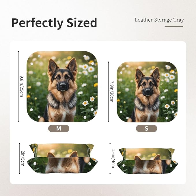 LeatherJewelry Valet Tray for Women Men, Portable Travel Catchall Tray Organizer Dish Plate Cute Pet German Shepherd Dog Bedside Vanity Tray Nightstand Caddy Holder for Wallet, Key, Coin