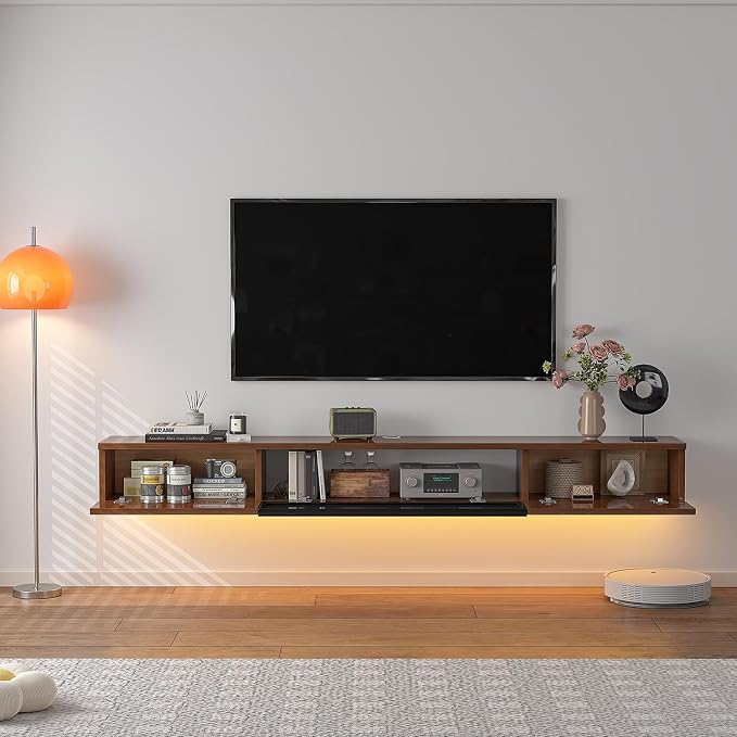 FurniNova 55" Floating TV Stand for 43 50 55 60 inch TV,Modern Plywood Wall Mounted Entertainment Center with Push-to-Open Doors, High Gloss Media Console,Small Space Floating Shelf,Walnut