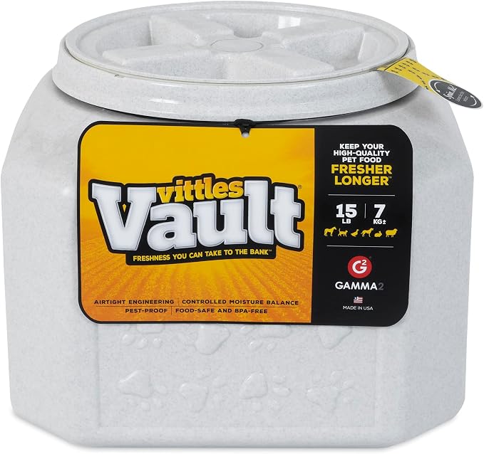 Gamma2 Vittles Vault Dog Food Storage Container with Airtight Lid, holds up to 10-15 Pounds of Dry Pet Food, Cat Kibble and Bird Feed, BPA Free, Made in USA, Without Scoop | Holds Dry Pet Food, Cat Kibble and Bird Feed, BPA Free, Made in USA