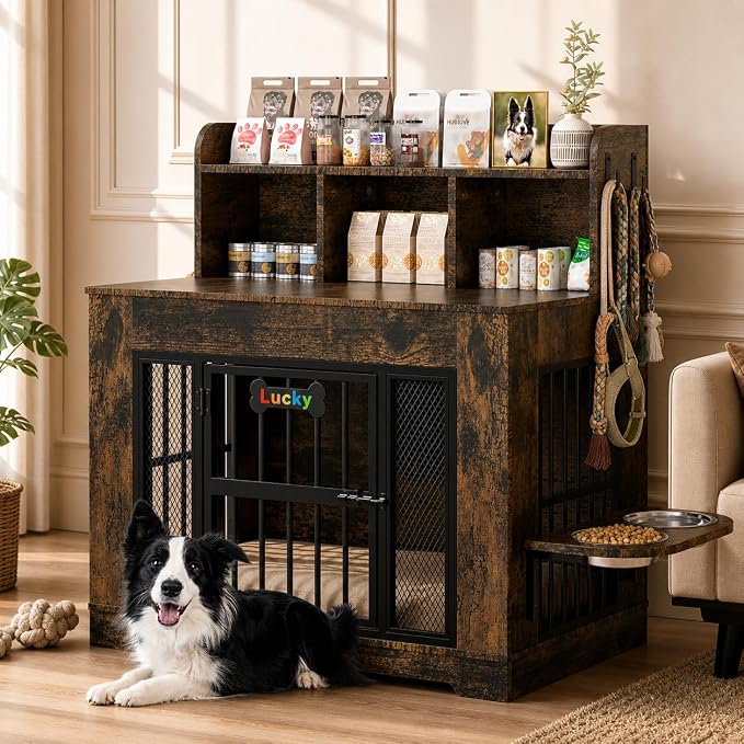 Petrova 33" Dog Crate Furniture with Storage Shelf & 2 Stainless Steel Bowls, Heavy Duty Indoor Dog Kennel for Medium/Small Dogs, Wooden Dog Cage with 4 Hooks, LED Light, Walnut Brown