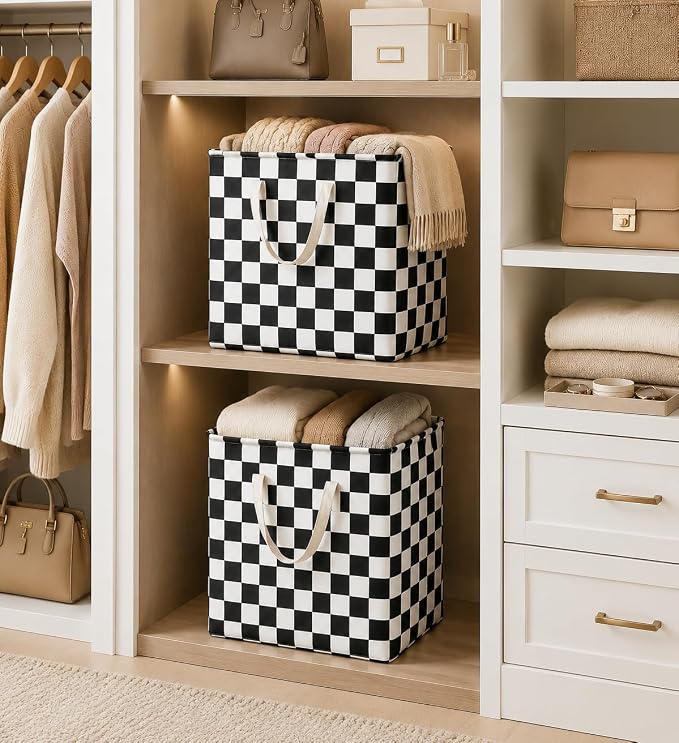 MAIZMZ 3 Pack Checkerboard Storage Basket for Boys Room, 14.6"x12.6"x19.7" Waterproof Linen Laundry Baskets with Handles Racing Room Decor, Gifts