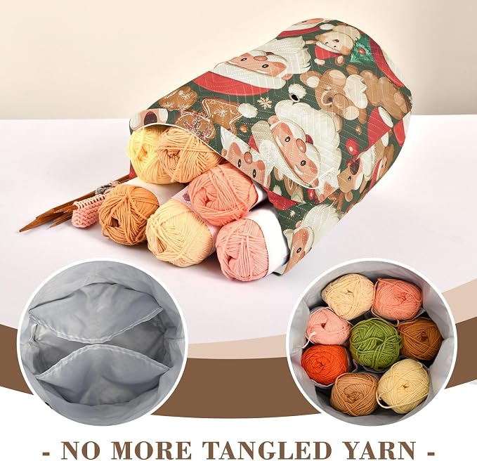 Tatenale Crochet Bag Yarn Bag Knitting Project Bag with Pockets and Handle Portable Yarn Storage Organizer Tangle Free 8.3x11 InchGreen Christmas Santa Claus and Cookies16