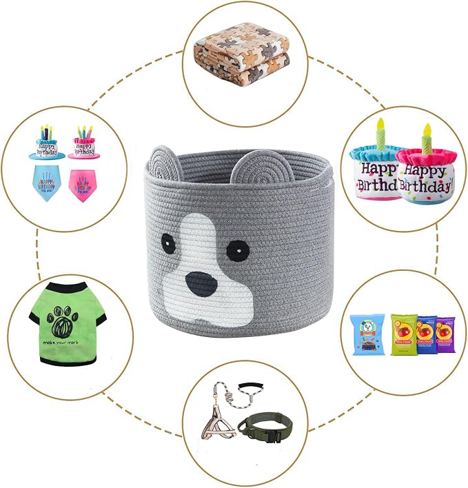 Medium Dog Woven Baskets with Handle, Dog Toy Hamper, Cotton Rope Dog Toy Storage Baskets for Pet, Animal Basket for Kids, Baby Gift Baskets for Dog Lovers, Grey