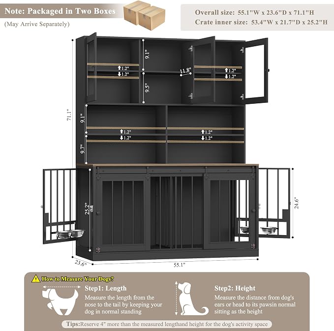 HOSTACK 71" Tall Dog Crate Furniture, Indoor Dog Kennel with Storage, Black | Removable Room Divider, 4 feeding bowls, Adjustable Shelves, Metal Lock & Spring Latch, Farmhouse Pet House for XL/XXL Dogs