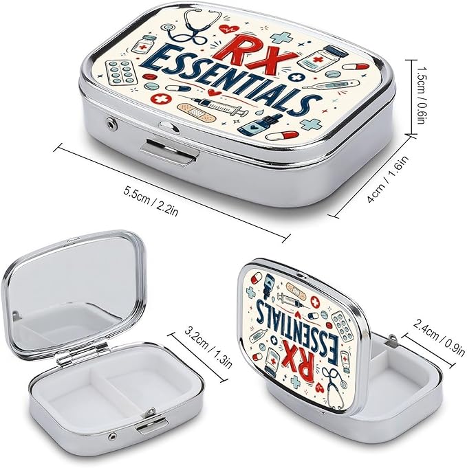 Healthcare Essentials Doodle Collage Two Compartment Pill Box Medicine Organizer, Portable Pill Case with Secure Snap Closure for Vitamins Medication Supplements Daily Use