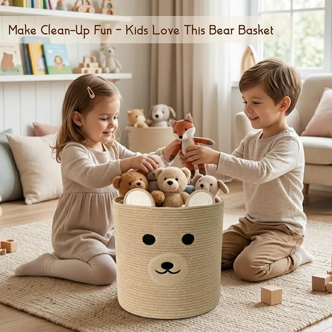 Nursery Storage Basket, 25L Large Woven Cotton Rope Baby Bin with Bear Design, Foldable Washable Laundry Hamper, Kids Room Decor Organizer for Toys, Blankets & Baby Essentials (Brown Bear)