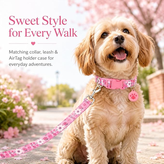 Floral Matching Dog Collar and Leash Set with AirTag Holder-Pink Daisy/L | Anti-Lost,Adjustable Durable Pet Collar Leash Combo for Large Boy Girl Dogs,for Outdoor Walking Hiking Training Running