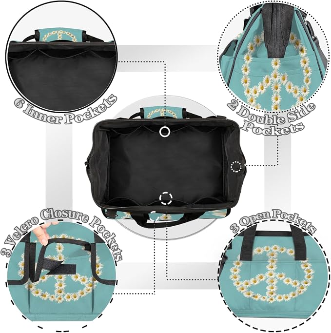 Floral Peace Sign Heavy Duty Tool Bag 14.8 Inch Daisy Portable Soft Tool Box Organizer Storage with Adjustable Shoulder Strap