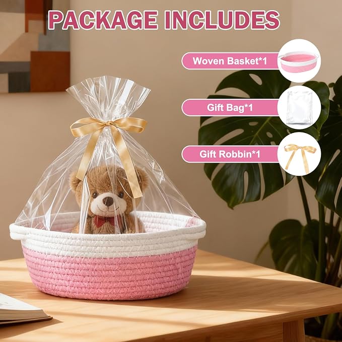 Basket for Gifts Empty, Small Woven Basket with Bags and Ribbons, Baby Toy Baskets with Handles, Wicker Storage Bin for Baby Showers or Pet Toy (Pink, 1 Pack (12"x 8"x 3.74"))