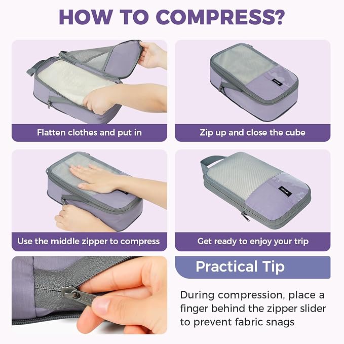 BAGAIL Lightweight Compression Packing Cubes for Travel, 6 Set,Dusty Purple | Salis Nylon Fabric,Anti-Tearing,Save Space,SBS Zippers,Packing List,PVC Tag Pocket,Custom Labels,Visible Mesh,Portable Handel