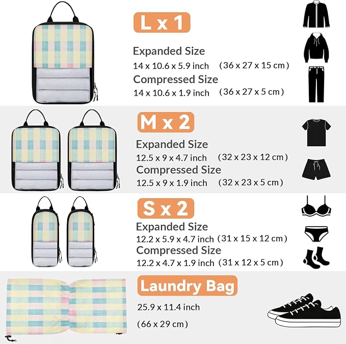 Cute 6 Set Compression Packing Cubes Buffalo Check Plaid Expandable Packing Organizer for Travel Accessories Luggage Suitcase Bag