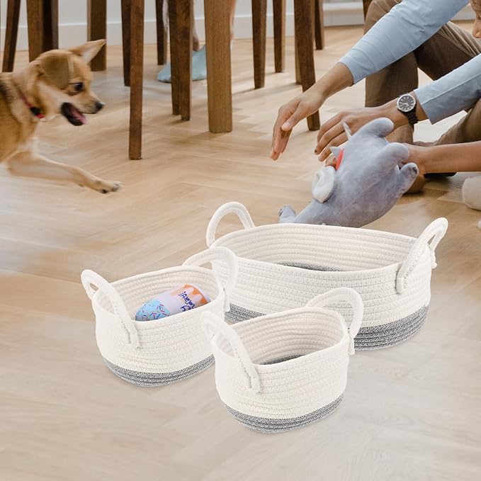 3pcs Woven Cotton Rope Storage Basket Set, Multipurpose Dog Organizer Containers for Pet Supplies, Sturdy Wicker Bins for Home and Nursery Storage