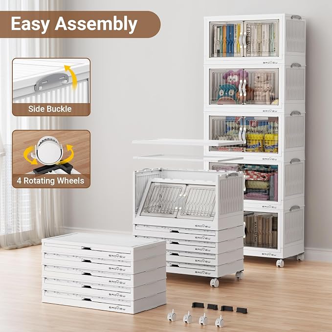 BROVIEW 240Qt Stackable Storage Bins with Lid for Home Dorm, 4Pack White | Closet Organizers, Foldable & Collapsible Cabinets, Large Containers, Wheels & Magnetic Doors, Plastic Drawers for School