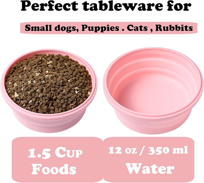 Joyinjojo Collapsible Dog Bowls with Lids, 2 Pack Portable Travel Dog Bowls for Small Medium Large Dogs, Silicone Foldable Outdoor Dog Cat Food Water Bowls for Camping Hiking Road Trip, Pink 12 oz