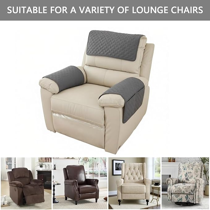 Recliner Arm Covers with Pockets & Headrest Protector- Non-Slip Quilted Stretch Armrest Covers, Washable Sofa Armchair Organizer for Couch, Pet Scratch Resistant(Coffee)