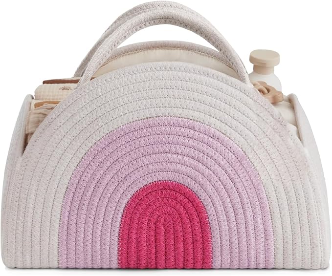 Lmbabter Baby Diaper Caddy Cotton Rope Diaper Organizer Basket Rainbow Theme Nursery Storage Bin Daypack Car Travel (Pink Rainbow)