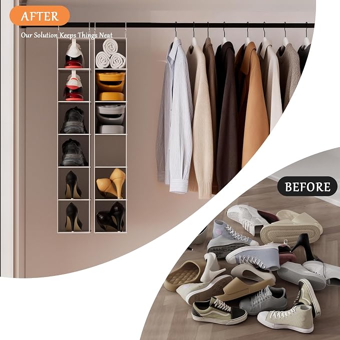 Hanging Closet Shelf Shoe Organizer Set of 2 with Woven Bamboo Shelves,11.5 x 31.5 x 5.5 in, 6-Tier Design for Space-Saving Storage,Beige