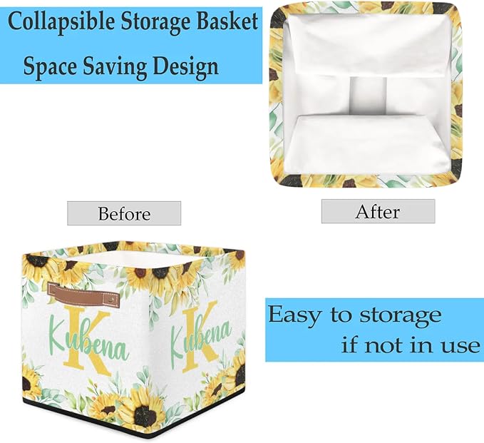 Personalized Name-Initial Sunflower Storage Baskets for Girls Women, Custom Portable Square Storage Bins with Handles Foldable Organizer for Clothes, Toys, Blanket, Towel,Pet 13”