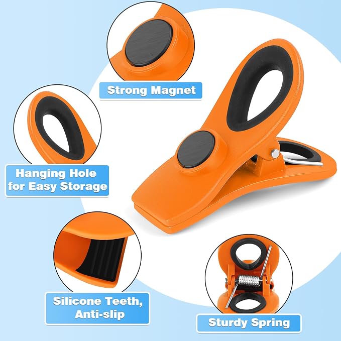 12 Pack Chip Clips, Bag Clips for Food, Magnetic Sealers for Chips and Other Food, Plastic Bag Clip for Kitchen, Fridge, Clothes, Sewing and Artwork (Orange)