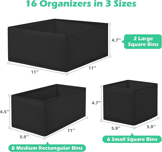 Drawer Clothing Organizer 16-Pack, Black Underwear Dividers | Multiple sizes Fabric Folding Wardrobe Organizer,Storage Bins Store Baby Clothes, Bras,Underwear,Panties,Belts,Socks,Ties