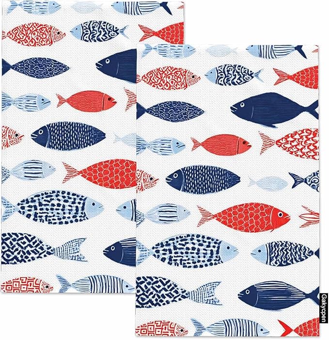 Decorative Fish Waffle Kitchen Dish Cloths Colorful Vintage Nautical Beach Abstract Fishes Ultra Soft Absorbent Quick Drying Dish Towels 16 X 24 Inches Set of 2