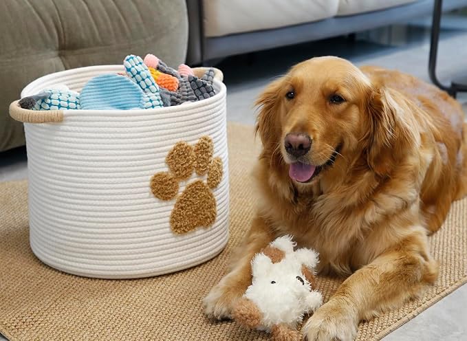 Cotton Rope Doy Toy Basket Woven Pet Storage Bin With Fluffy Paw Print, Large Pet Toy Organizer, White Chew Proof Dog Toy Box for Dog Accessories, Blankets, Leashes