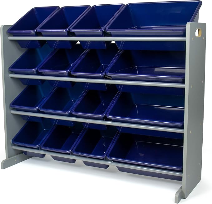 Humble Crew Kids Toy Organizer with 16 Bins, 4 Tier Storage for Playroom | Sturdy wood and steel toddler shelf, removable BPA-free containers, wall anchor anti-tip safety kit for bedroom or classroom