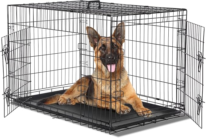 Dog Crate 42 Inch Large Dog Cage Foldable Indoor Outdoor Pet Kennel | Double Door Metal Wire Portable Dog Kennel with Secure Lock, Leak-Proof Pan Tray, Dog Training and Travel