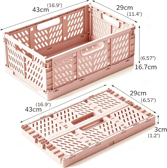 Tobeso-Nuoze 2 Pack Pastel Plastic Storage Baskets-20L Space-Saving Bins | Plastic Collapsible Storage Crates Foldable Plastic Crates for Storage Collapsible Crates for Organizing (Pink)