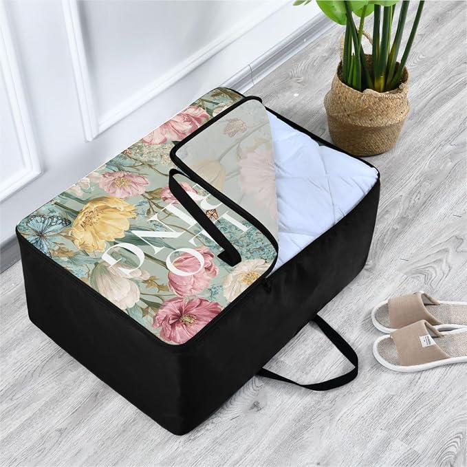 Comforter Storage Bags Large Folding Blanket Organizer Bag with Strong Handles Clear Window Closet Storage Containers for Clothes King Queen Pillows Bedding Quilt Duvet Green Spring Tulip Wildf