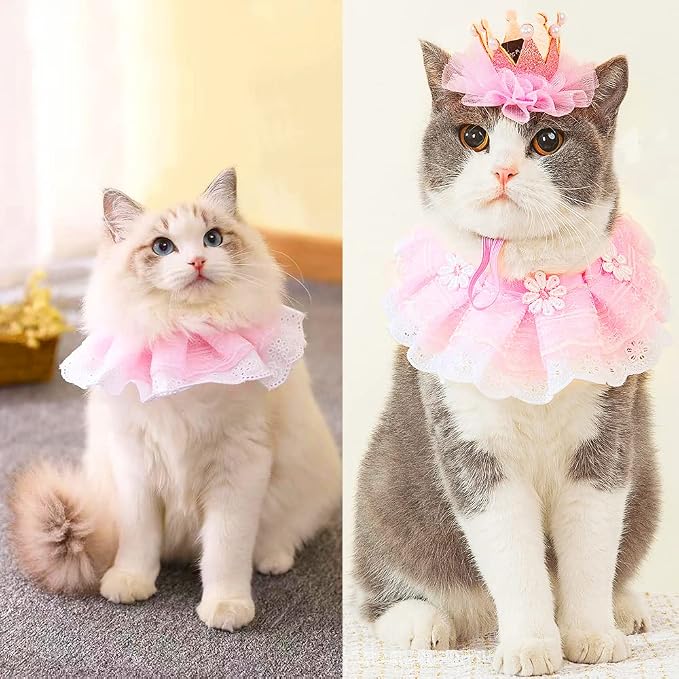 Cat Princess Costumes Cat Crown Hat & Lace Bandana Scarf Set, Puppy Party Hat for Small Dogs & Cats, Lace Outfit for Cats and Small Dogs Birthday Party (Pink(Crown Hat&Scraf&Banner))
