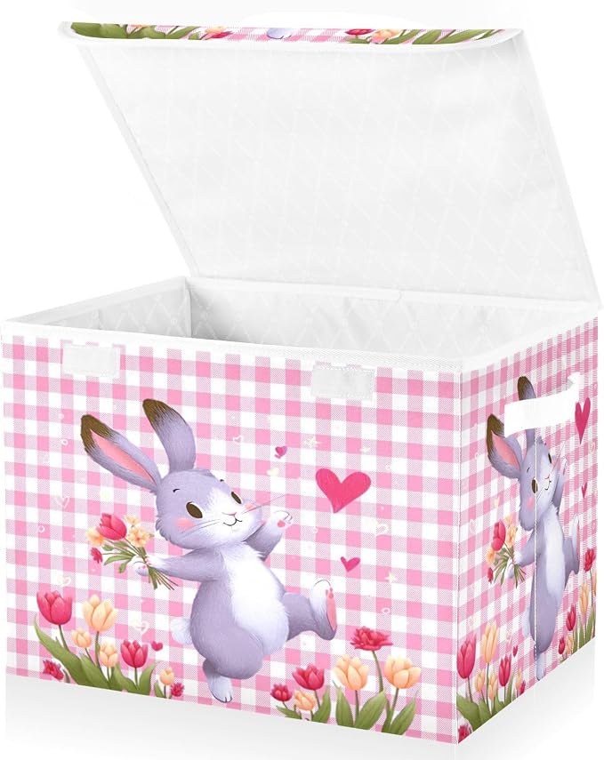Rabbit Garden Fabric Storage Bins with Lid Closet Storage Basket 40L | Decorative Storage Boxes, Dust-Proof Flip Top, Reinforced Handles, For Home & Bedroom, Clothes & Toy Box, Rabbit Cute Print