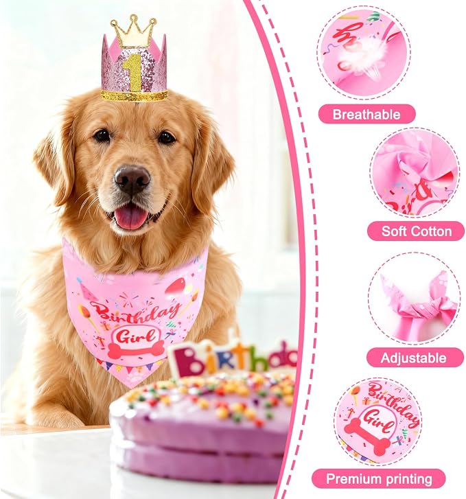Rensh Dog Birthday Party Supplies, Dog Birthday Bandana Hat with Numbers for X-Large Large Small Pets, Multi Size Birthday Decorations for Dogs and Cats (Pink, Large)