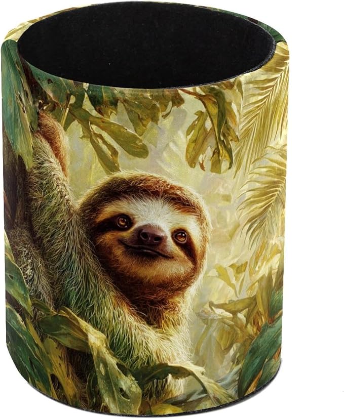 Faux Leather Pen Holder for Desk, Pencil Organizer Cute Sloth Pen Cup Desk Decor Makeup Brush Holder Storage for Office Home