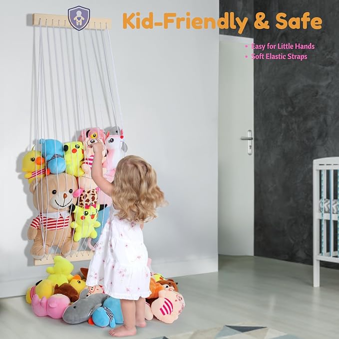 Stuffed Animal Storage Hammock Wooden Plush Toy Organizer for Kids Room Décor, Playroom Nursury Plush Toys Storage Caddy, Decoration Wall Hanging Stuffed Animal Net or Hammock Corner