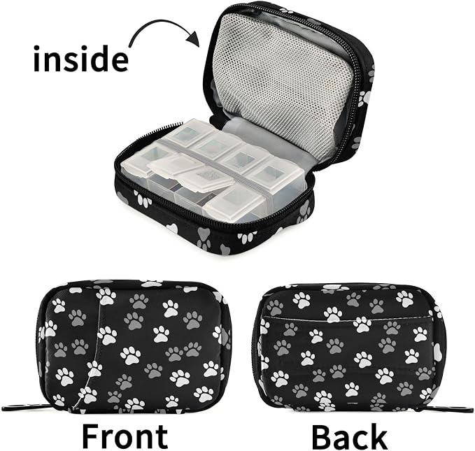 Fustylead Design Cute Paw Prints in White and Gray Pill Organizer and Storage Weekly with Zipper, Removable Pill Box Portable Medicine Organizer for Vitamin Fish Oil Supplement